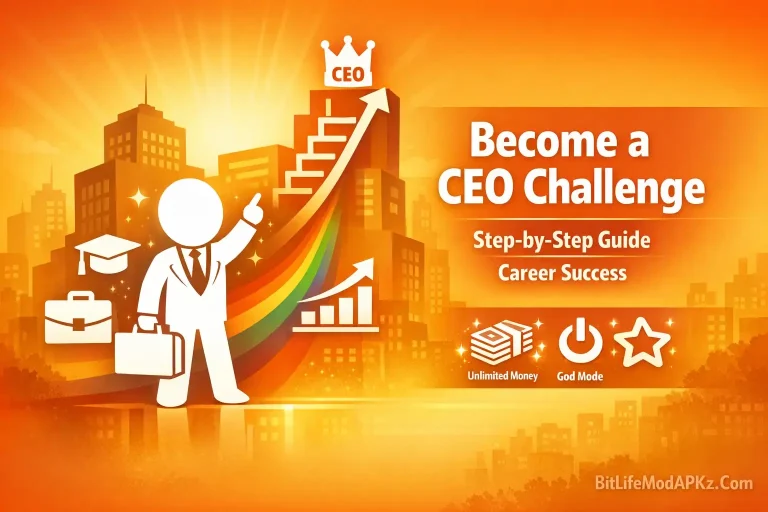 Create a high-quality infographic image explaining how to become a CEO in BitLife, designed for a blog guide section. Canvas & Ratio: 16:9 landscape infographic, clean, structured, and easy to scan. 🎨 COLOR SCHEME (STRICT – BITLIFE ACCURATE) Background: Warm orange → golden yellow gradient Highlight panels: Dark orange / deep red Progress element: Subtle rainbow life-path curve Text, icons & characters: Pure white ❌ No blue ❌ No green dominance 🧩 INFOGRAPHIC STRUCTURE 🔹 TOP HEADER SECTION Large bold title: “Requirements to Become a CEO in BitLife” Include: Briefcase or CEO badge icon Soft glow behind header 🔹 SECTION 1: CORE REQUIREMENTS Display as 3 clean icon blocks: Education & Skills Needed Icon: graduation cap + skill bars Age & Eligibility Icon: calendar or ID card Career Readiness Icon: checklist or badge Use subtle dividers between blocks. 🔹 SECTION 2: STEP-BY-STEP GUIDE TO BECOMING A CEO Show as a vertical or zig-zag progression path with arrows. Early Life Planning & Education Icon: book or school building Choosing the Right Career Path Icon: branching arrows or roadmap Climbing the Corporate Ladder Icon: ladder or upward chart Add arrows connecting each step to show growth. 🔹 SECTION 3: SHORTCUTS & ADVANTAGES Highlight this section with a slightly darker orange/red panel. Title: “Through Buying Packs or Using Mod” Include two emphasized blocks: Buying Career Packs Icon: gift box or premium badge Using Mod APK Advantages Icon: money stack + power/crown icon Add subtle glow to indicate advantage. 🖼️ BACKGROUND DETAILS Faded corporate skyline silhouettes Abstract office shapes Soft light rays rising upward Minimal city depth for a professional feel 🧍 DECORATIVE ELEMENTS White BitLife-style stick silhouettes climbing upward Direction arrows and progress lines Minimal star or sparkle accents for success 💧 WATERMARK (IMPORTANT) Add watermark text: “BitLifeModAPKz.Com” Bottom-right or bottom-center Semi-transparent white Clean, professional, non-distracting 🚫 RESTRICTIONS No real BitLife logo No copyrighted screenshots No real company logos No blue color No clutter Output Quality: become a ceo challenge
