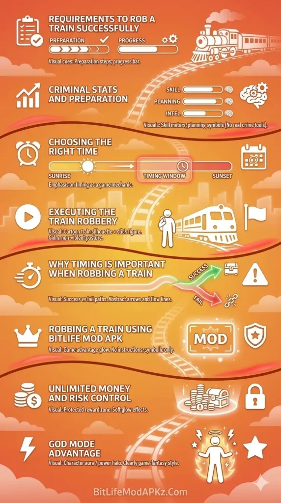 infograph of requirements and steps to rob train