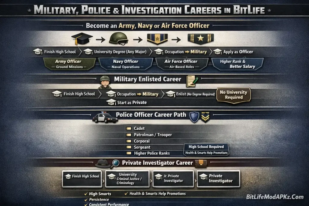 Enforcement Careers in BitLife | Become A Military or Police Person steps to adopt enforcement careers