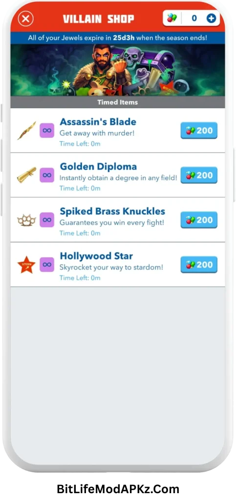 BitLife MOD APK v3.23.8 (Bitizenship, God Mode, Free Time Machine) Download villain season shop